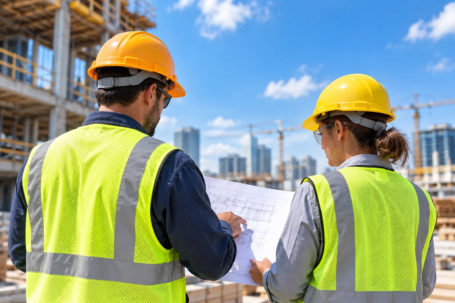 General contractors reviewing construction plans