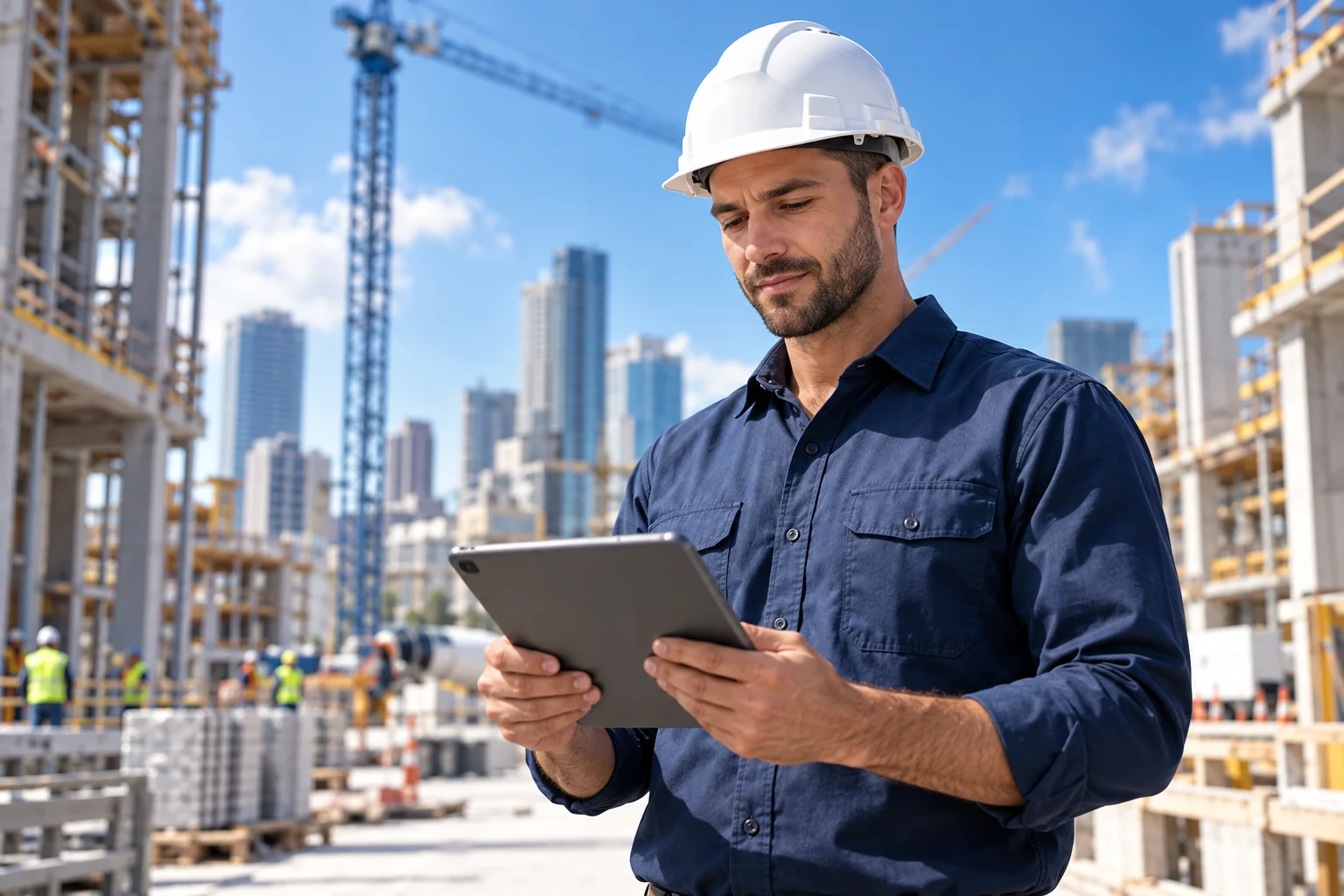 Construction project manager reviewing digital project information