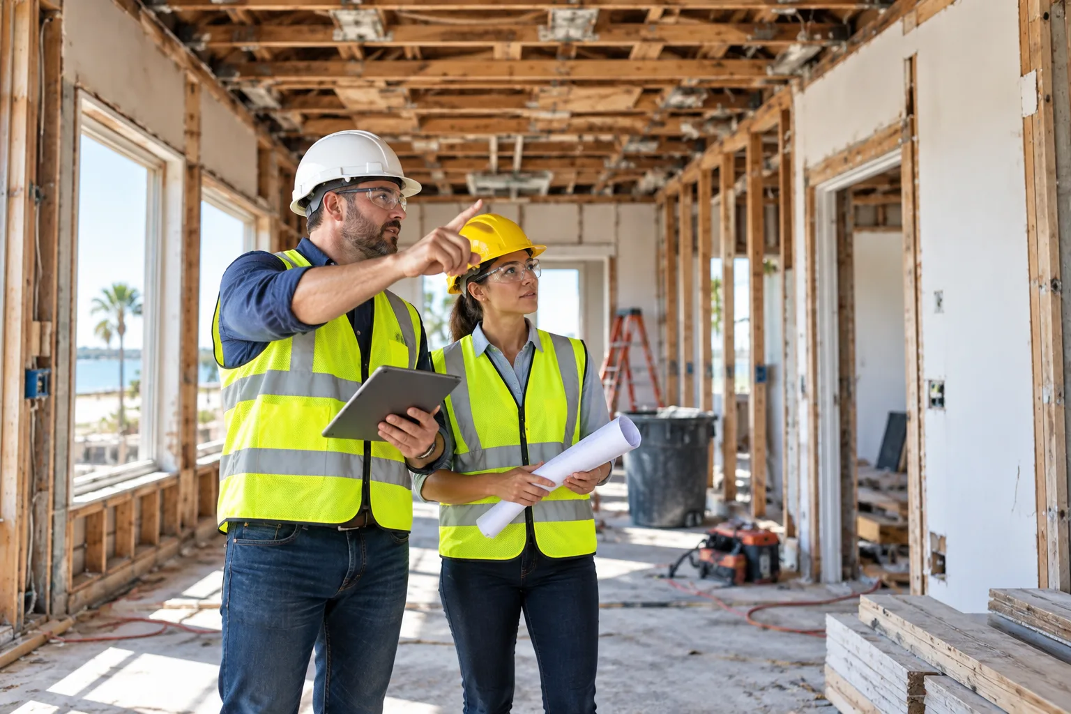 Reconstruction team reviewing an active renovation site