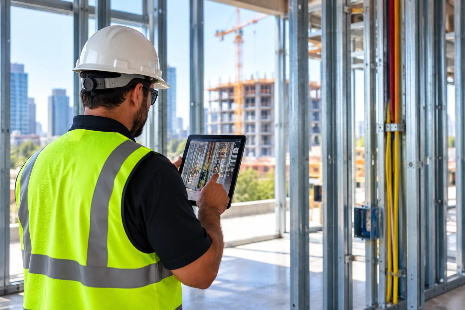 Construction professional documenting exposed MEP systems before drywall