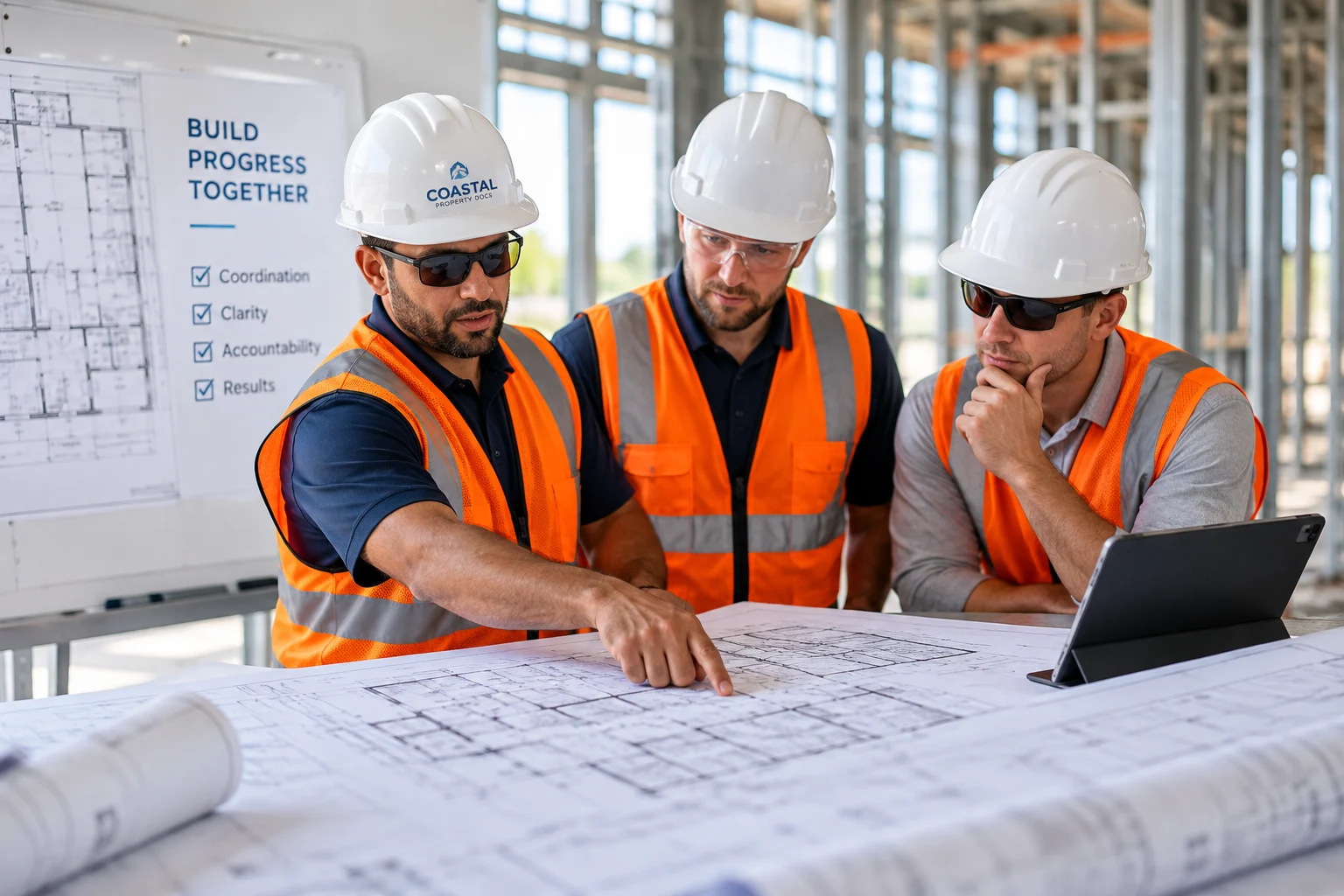 General contractors reviewing pre-drywall construction plans