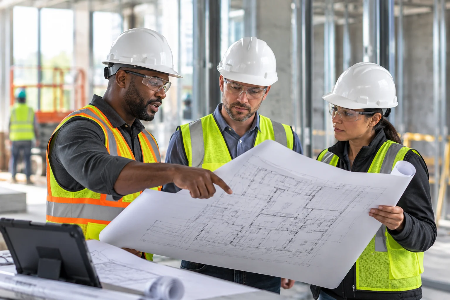 Architects and engineers reviewing construction drawings