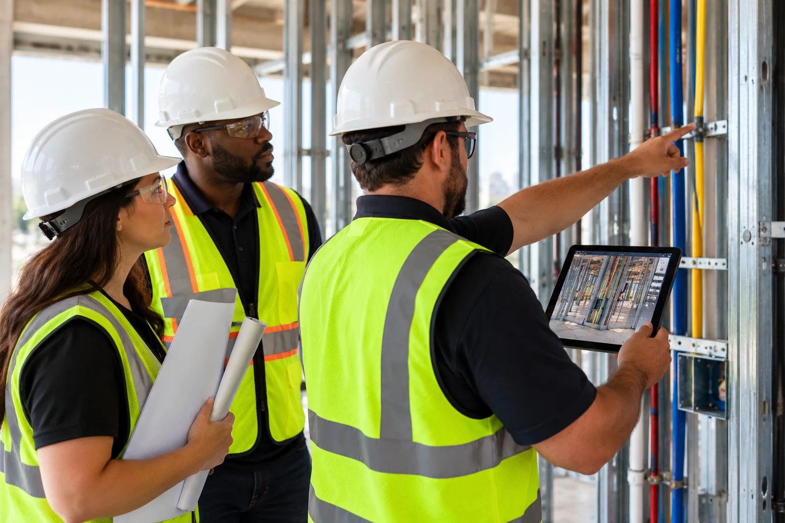 Facility managers reviewing concealed MEP conditions