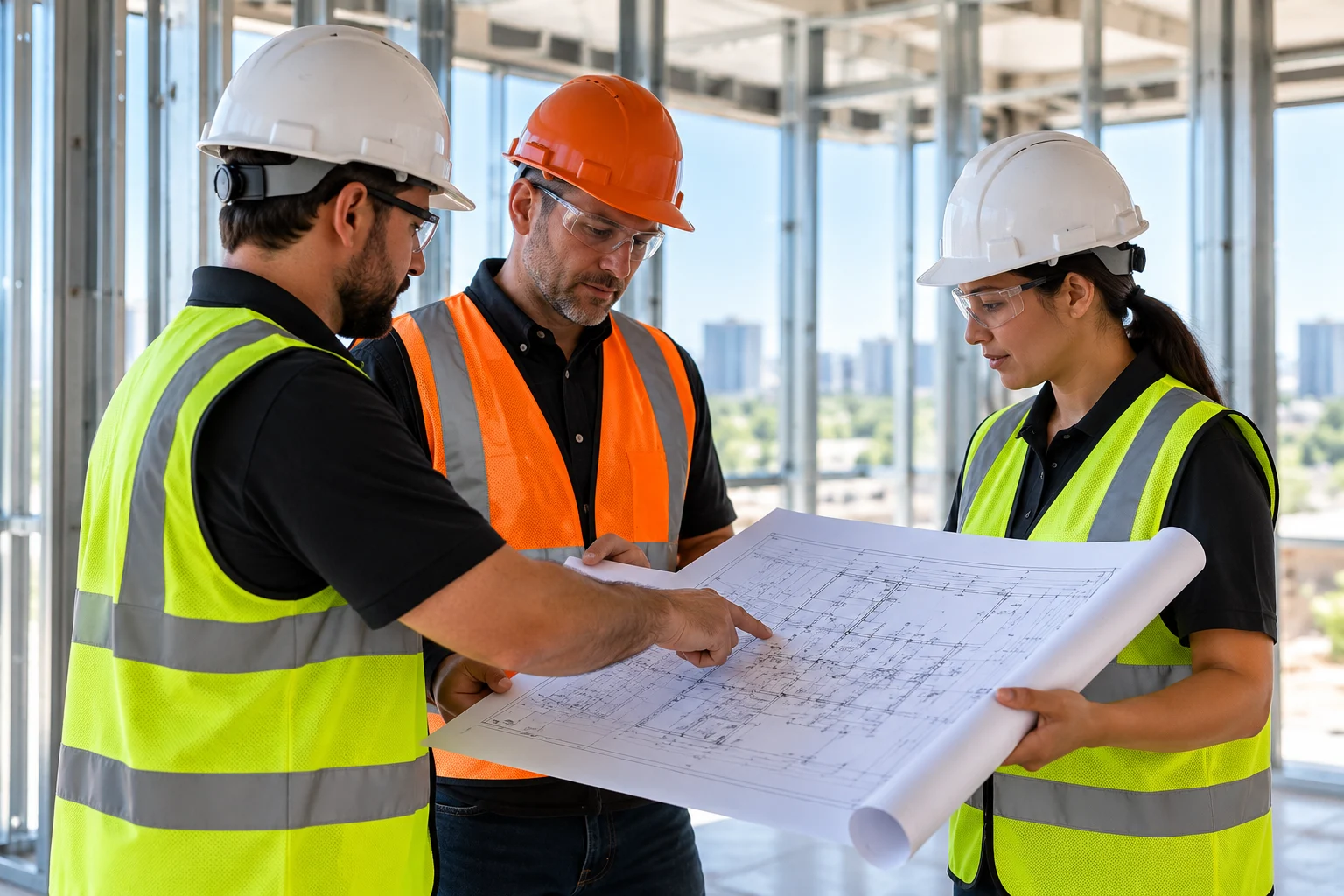 Architects and engineers reviewing existing building conditions