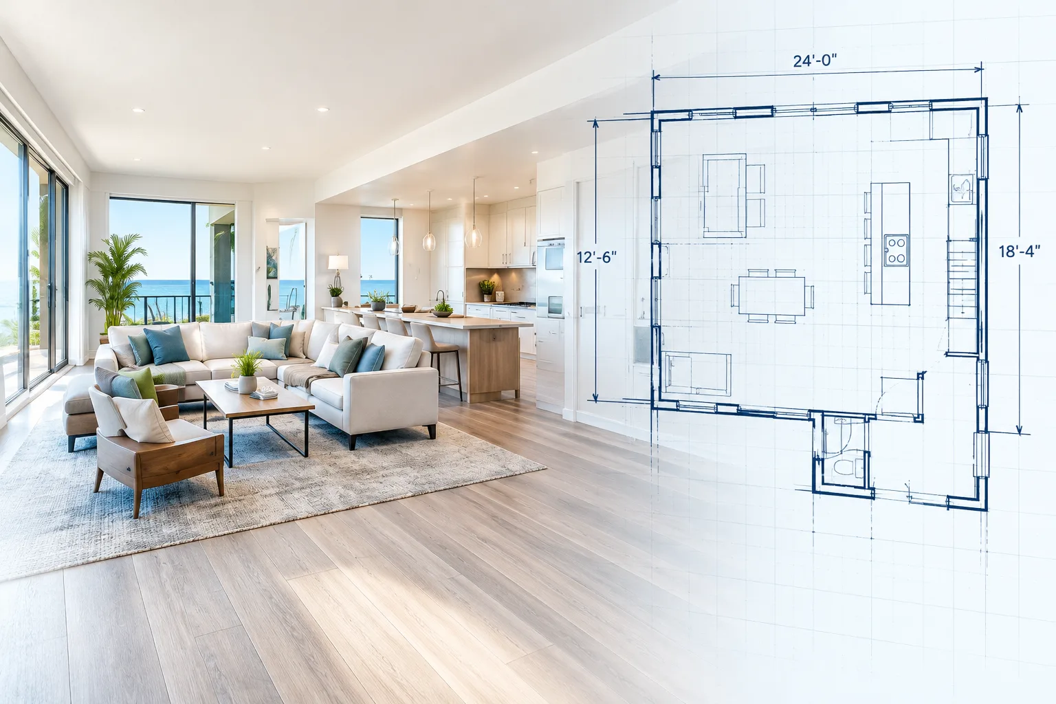 Interior space transitioning into a measured architectural floor plan