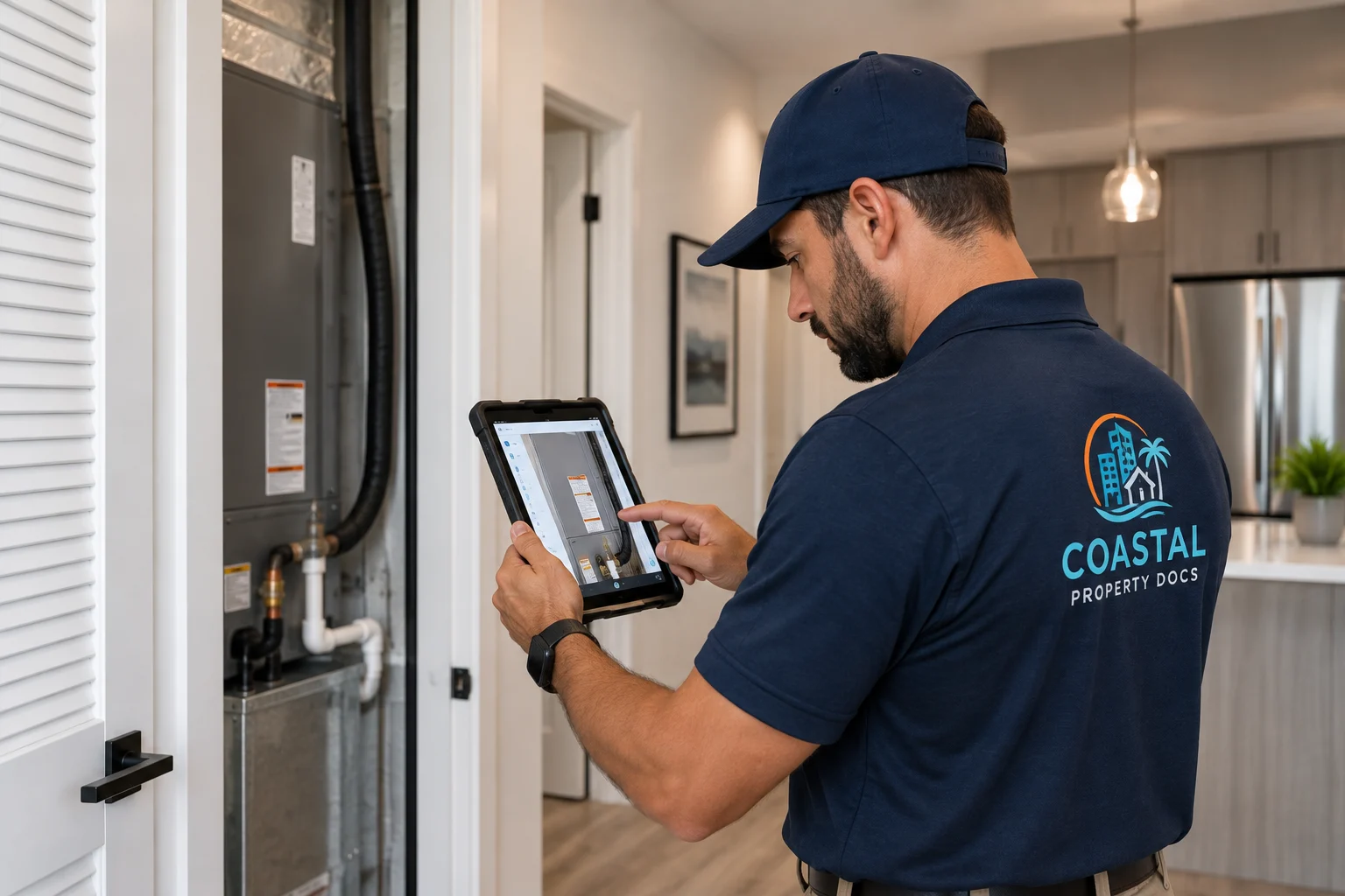 Apartment maintenance technician reviewing equipment