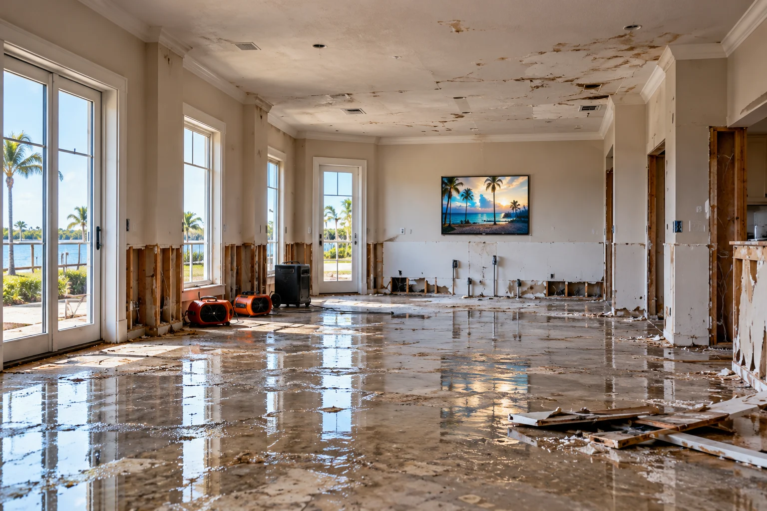 Water damaged interior before demolition