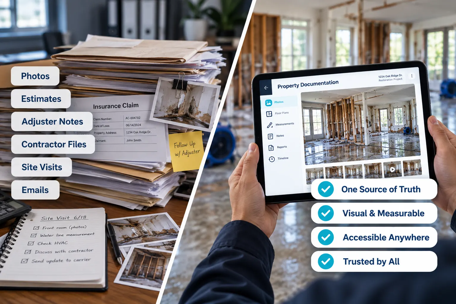 Scattered insurance claim documentation compared with a unified digital property record