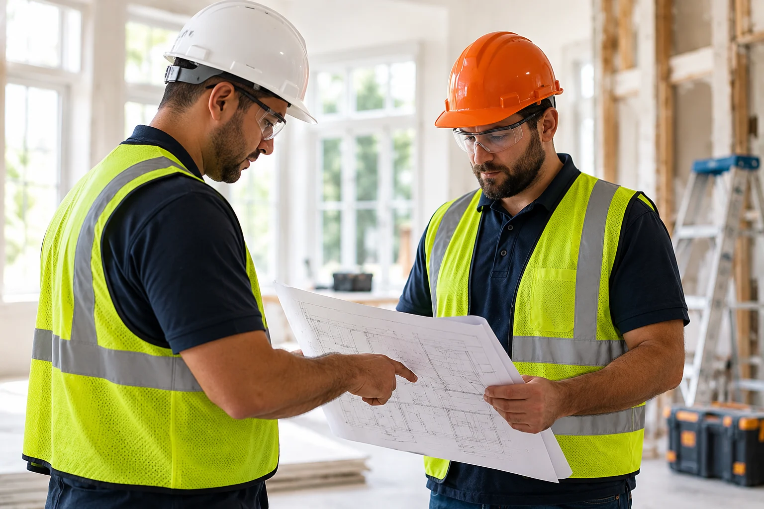 Restoration contractors reviewing project documentation