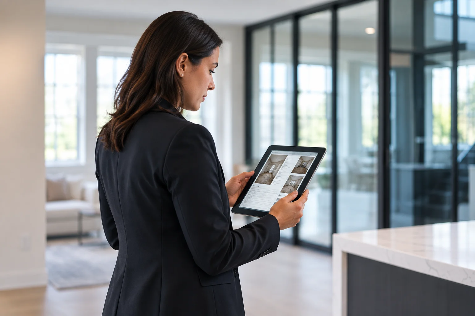 Insurance professional reviewing digital property documentation