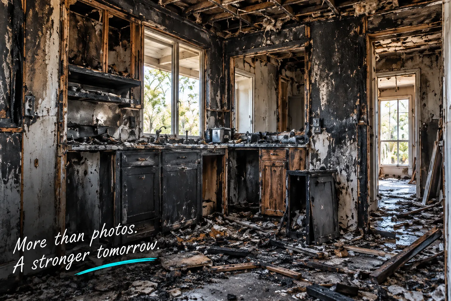 Fire damaged kitchen and property interior