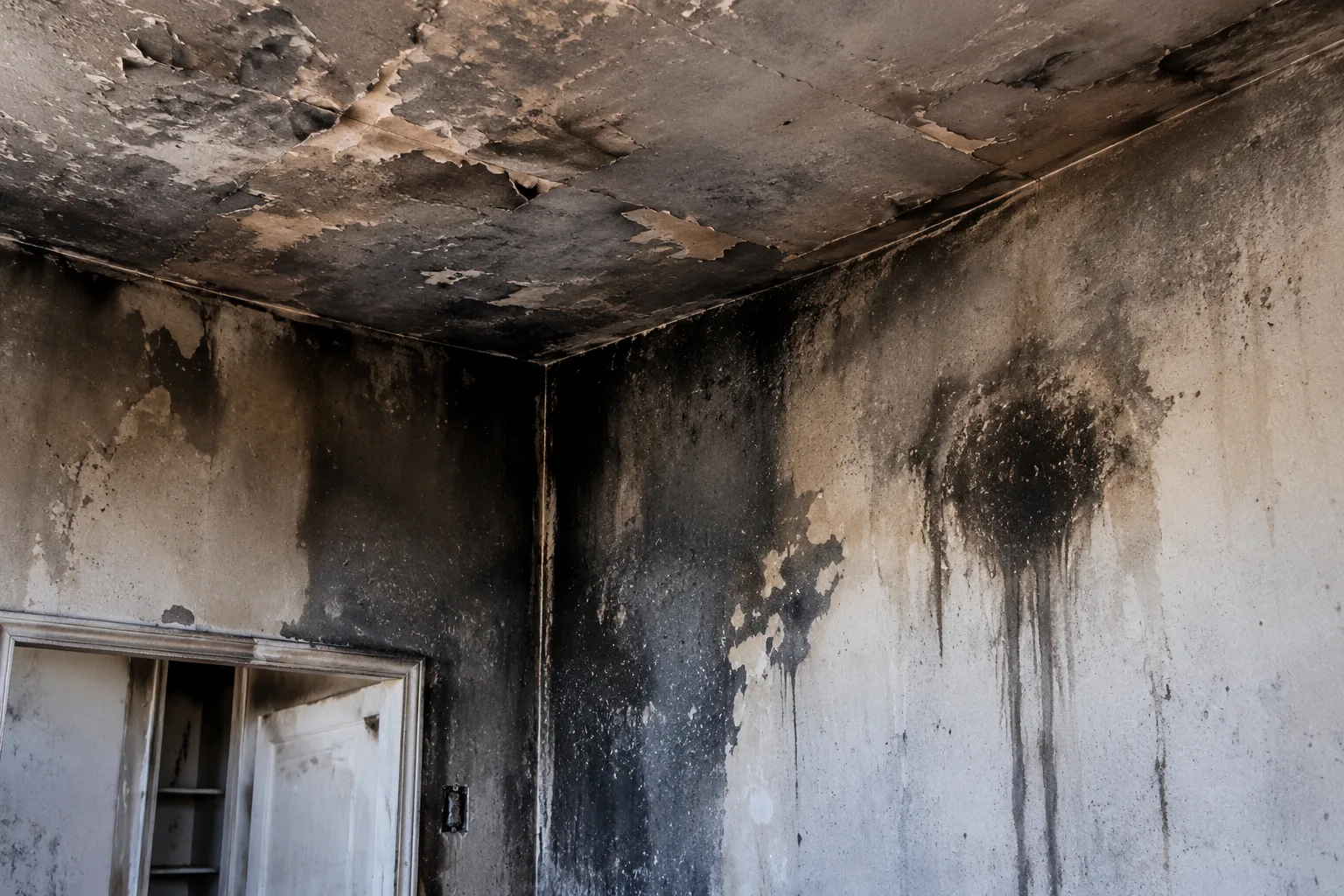 Smoke damaged walls and ceiling