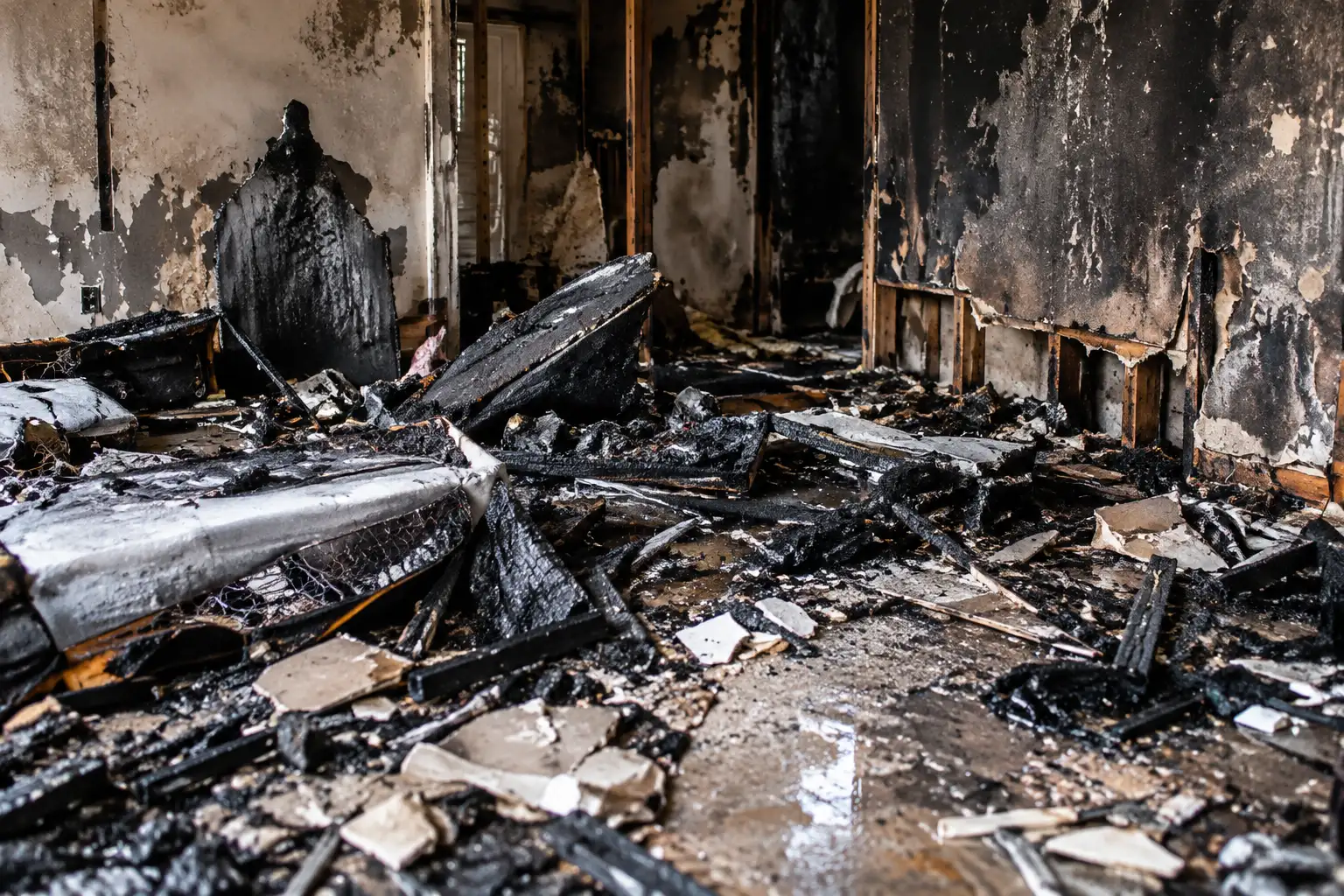 Soot and fire debris inside damaged property