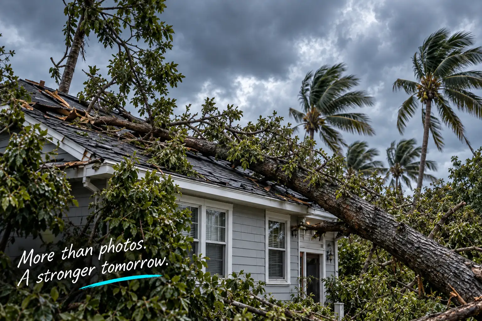 Storm damaged home with fallen tree