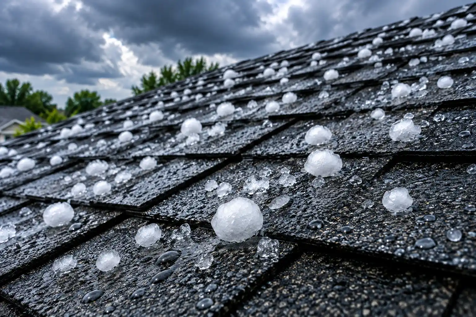 Hailstones on damaged roof