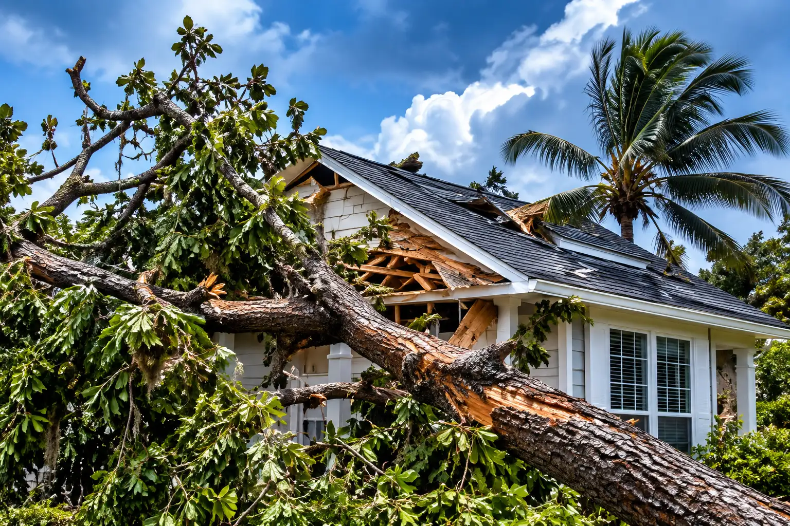 Fallen tree on storm damaged home