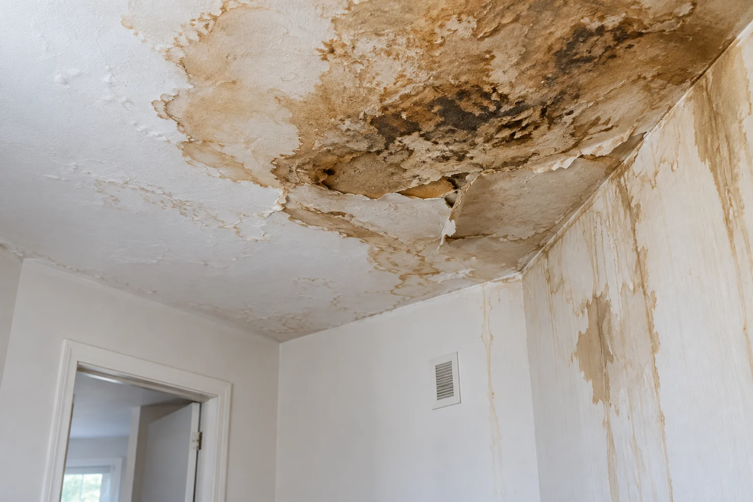 Interior ceiling water damage after storm