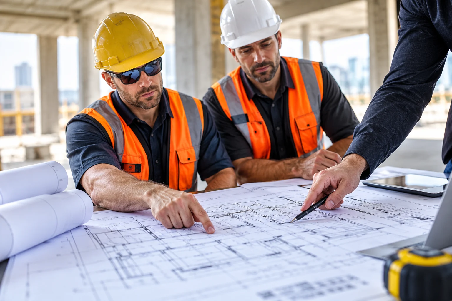 General contractors reviewing construction plans