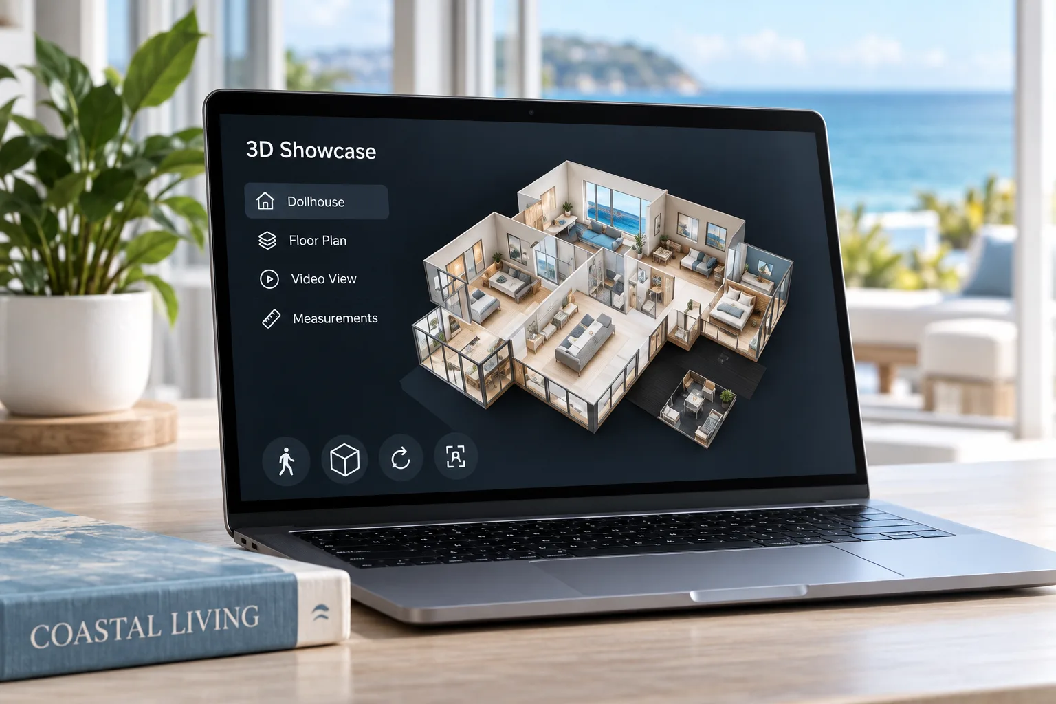 Matterport style 3D property model displayed on a laptop