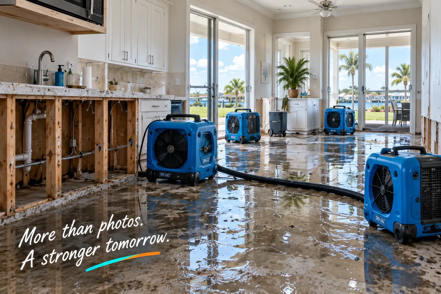 Water damaged coastal property undergoing drying and mitigation