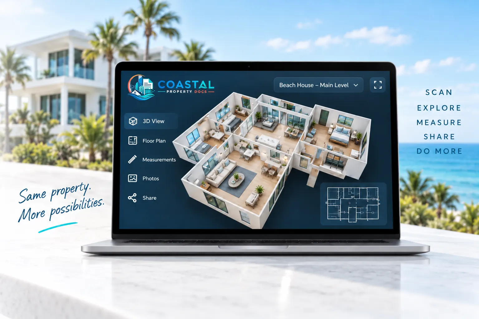 Digital twin of a coastal property displayed on a laptop